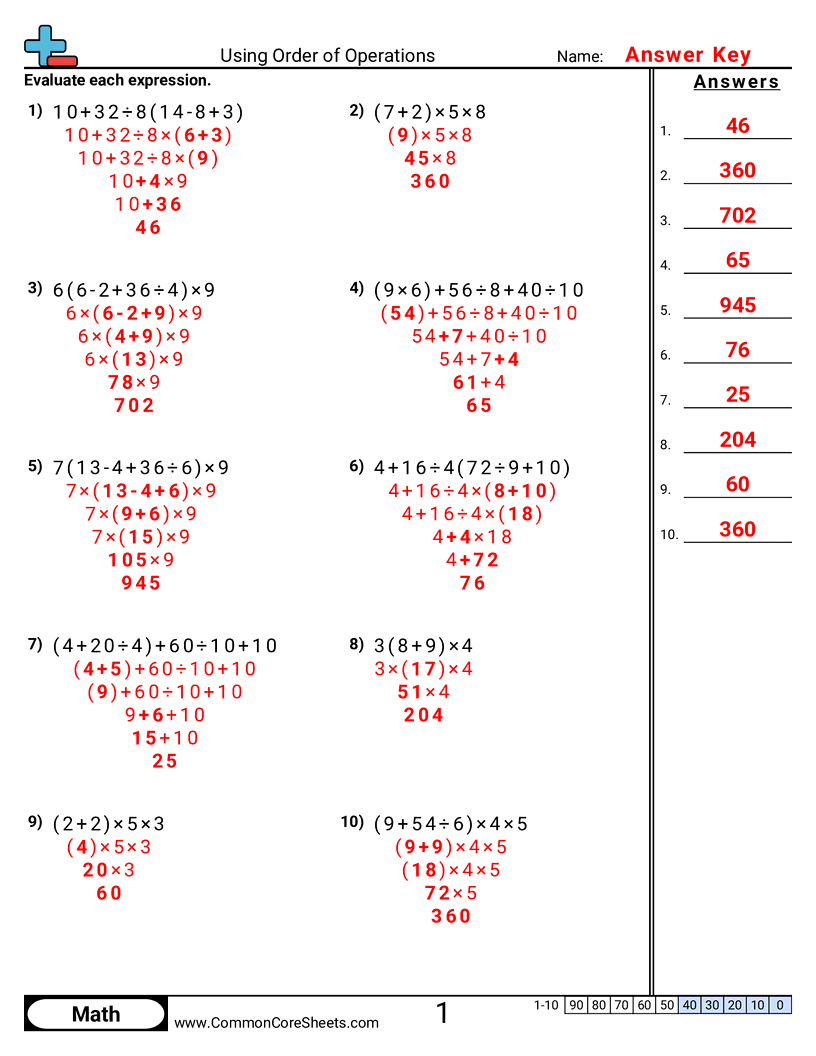 Order of Operations Worksheets - Using Order of Operations (No Negatives) worksheet
