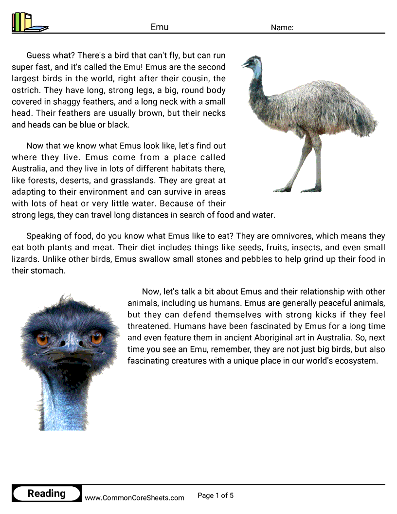 Reading Comprehension Mammals - emu worksheet