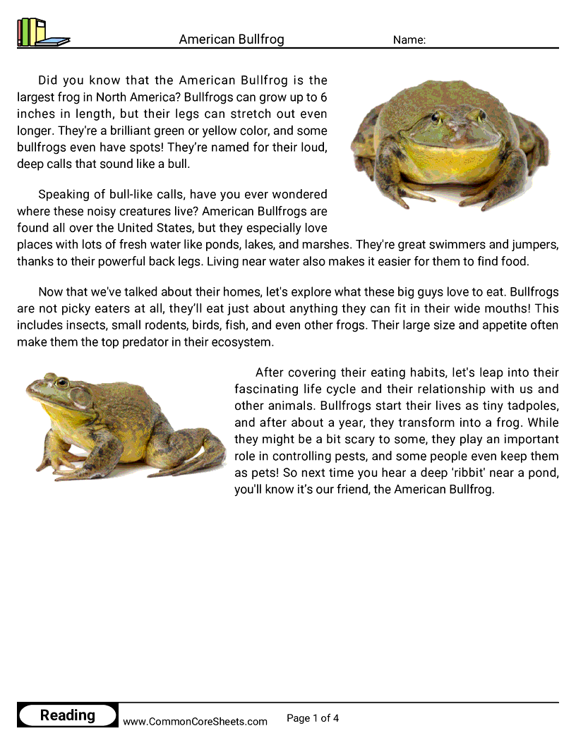 Reading Comprehension Reptiles - american-bullfrog worksheet