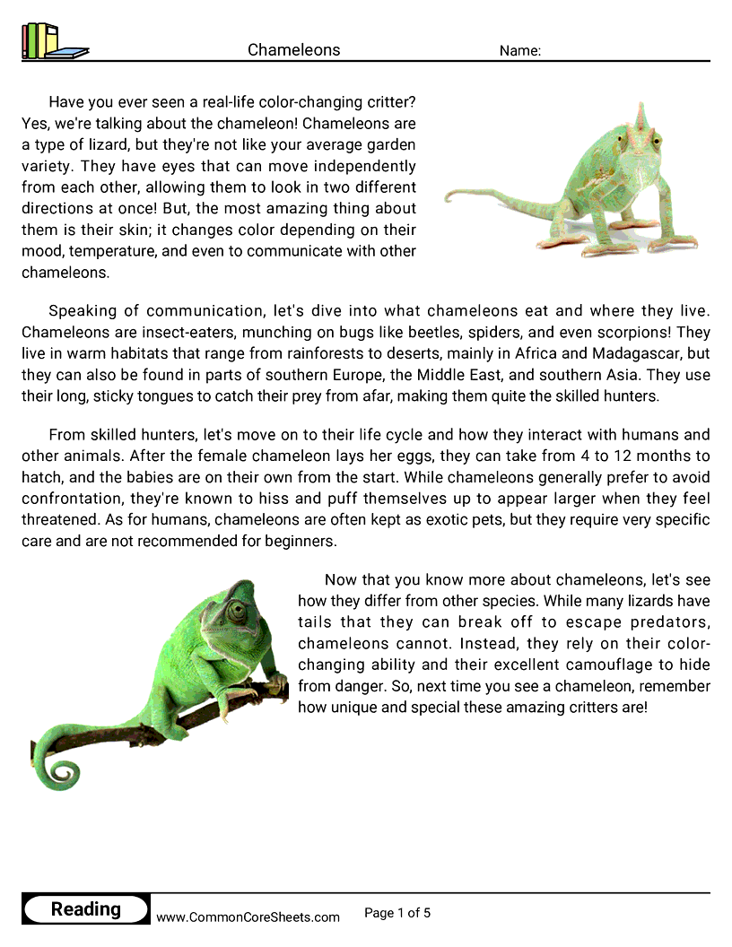Reading Comprehension Reptiles - chameleons worksheet