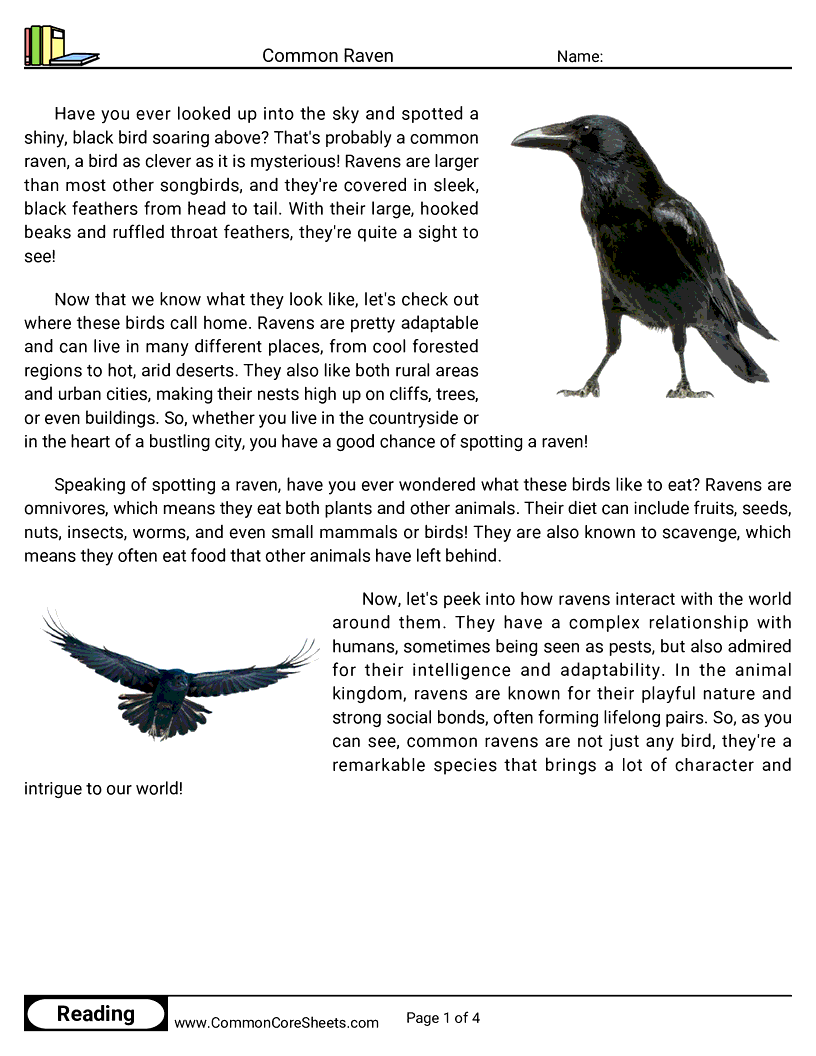 Reading Comprehension Birds Worksheets - common-raven worksheet