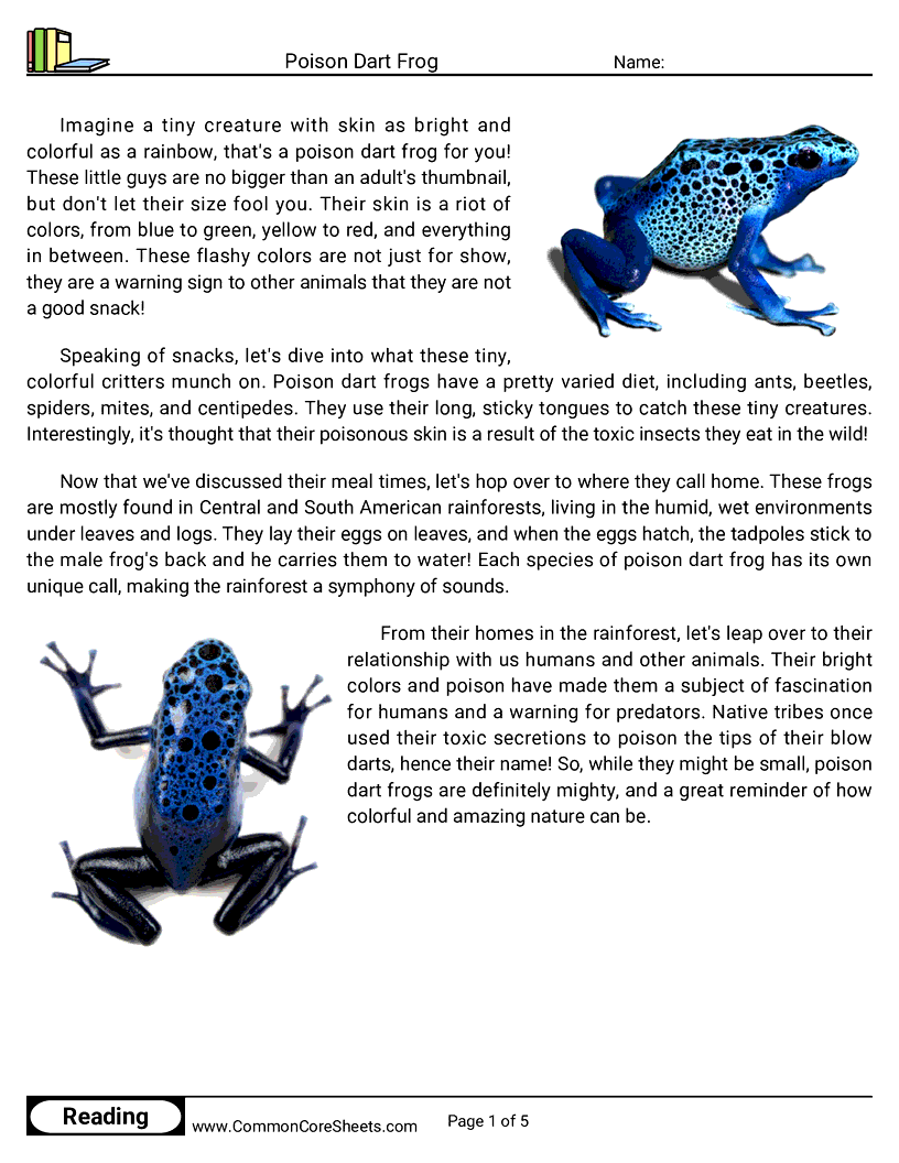 Reading Comprehension Reptiles - poison-dart-frog worksheet