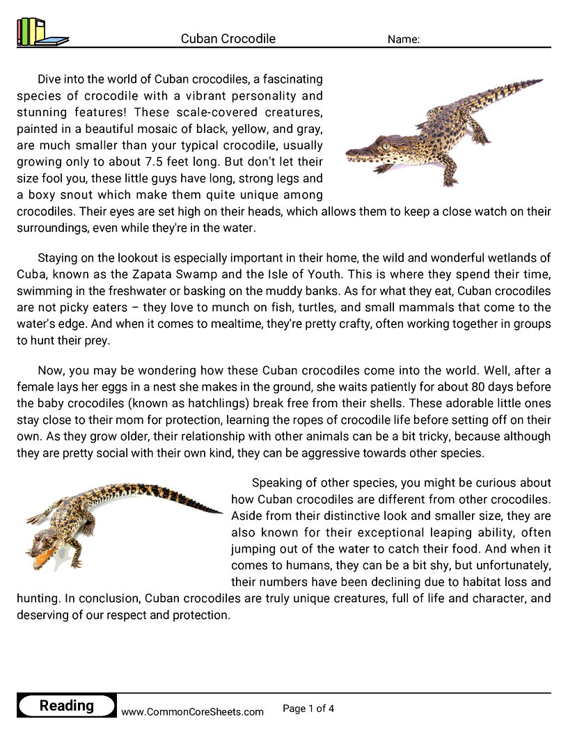 Reading Comprehension Reptiles - cuban-crocodile worksheet