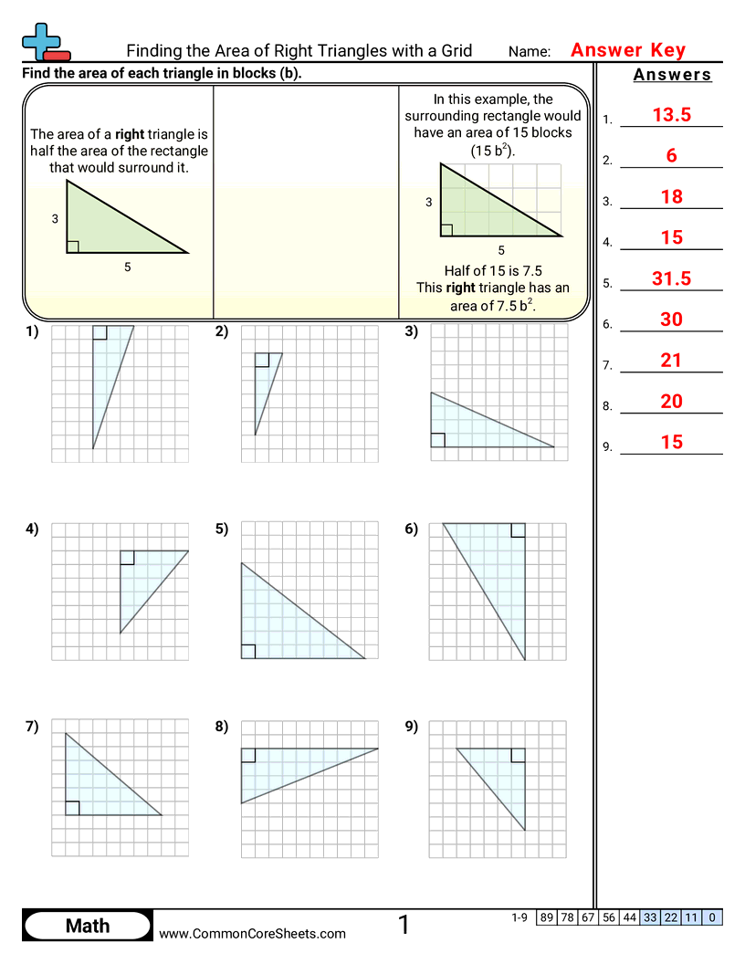 Area & Perimeter Worksheets - finding-the-area-of-right-triangles-with-a-grid worksheet