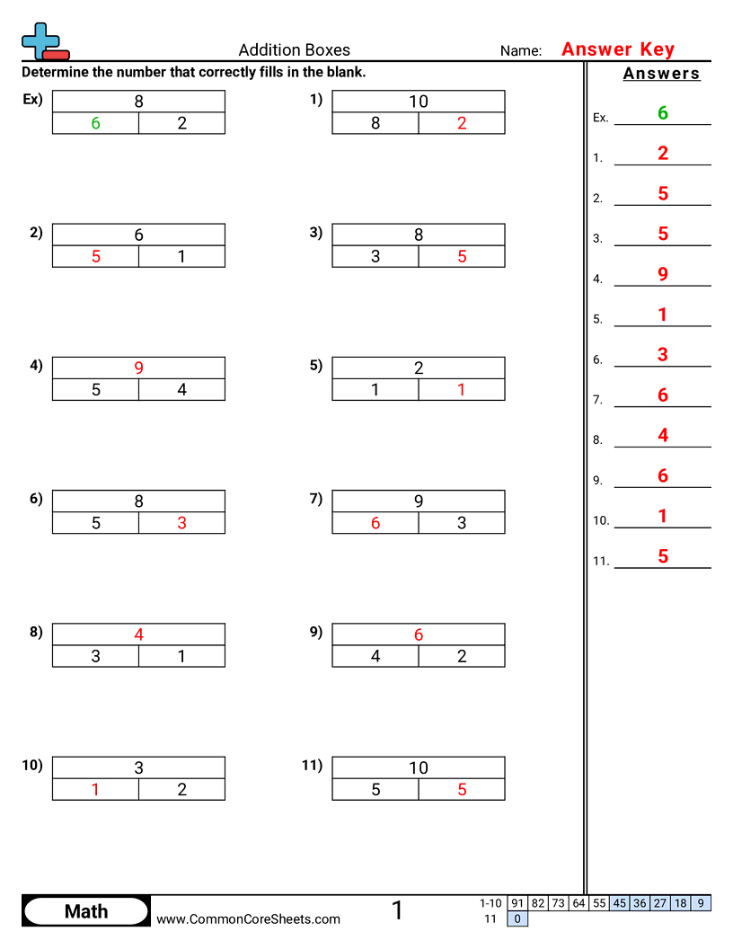Addition Worksheets - addition-boxes-to-ten worksheet