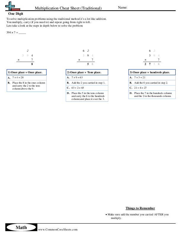Cheat Sheets - Multiplication 1 digit (Traditional) worksheet