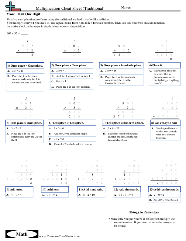 Cheat Sheets - Multiplication More than 1 digit (Traditional) worksheet