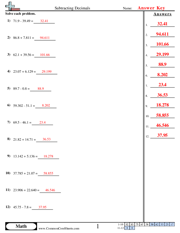  - adding-subtraction-decimals-horizontal worksheet