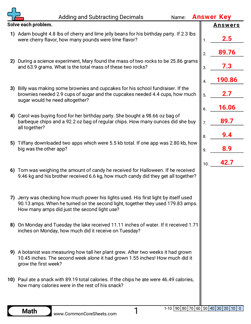 Decimal Worksheets - adding-and-subtracting-up-to-hundredths-word worksheet