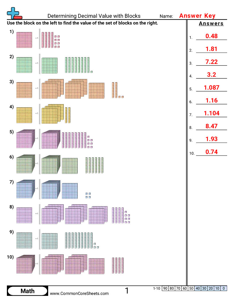 Decimal Worksheets - determining-decimal-value-with-blocks worksheet