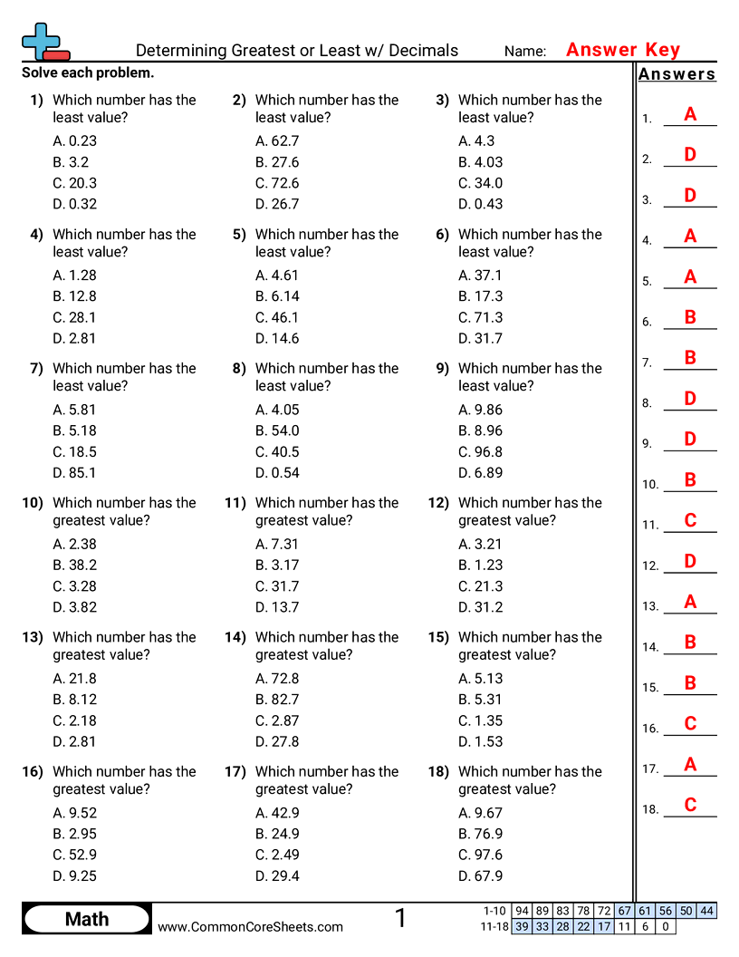 Decimal Worksheets - determining-greater-or-less-value worksheet