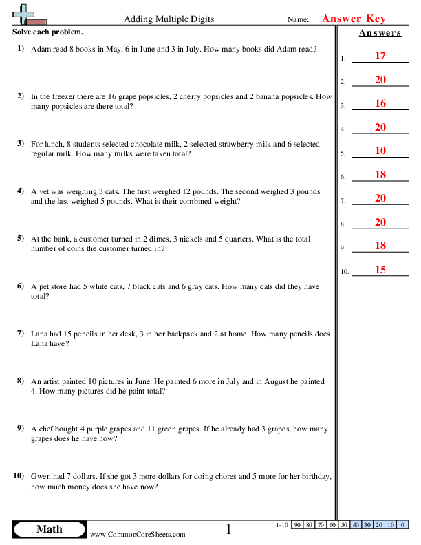  - 3-addends-less-than-20-word worksheet