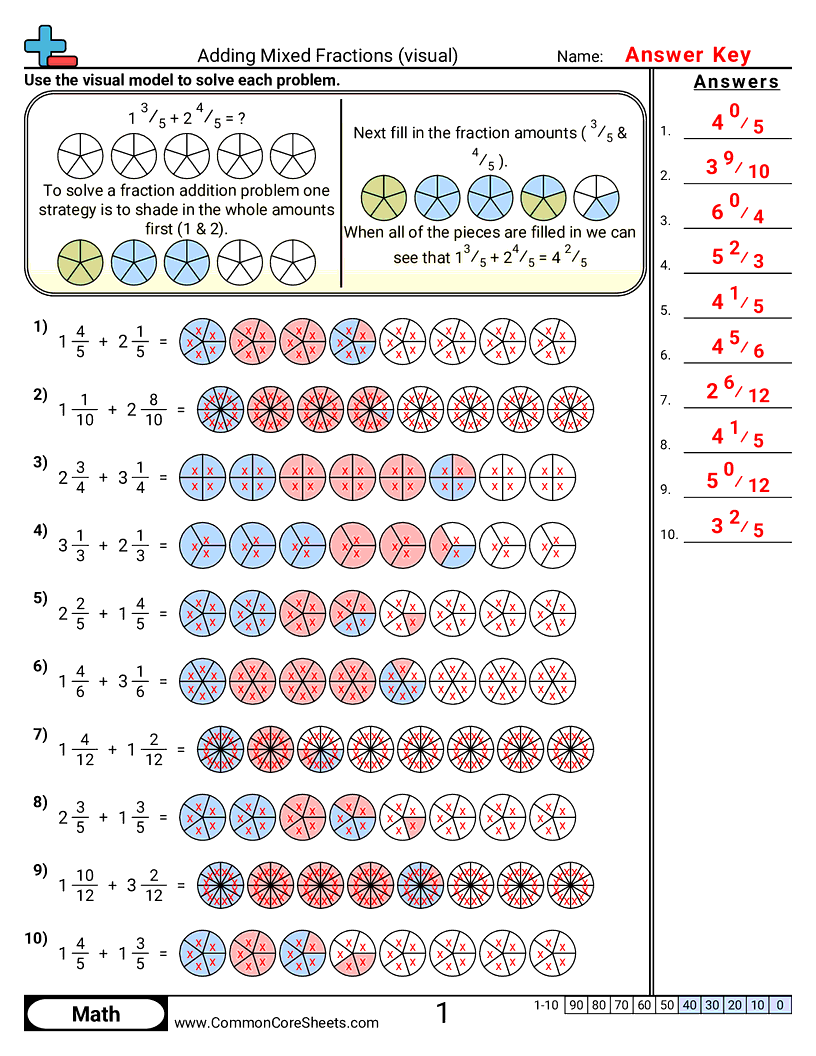 Fraction Worksheets - adding-mixed-fractions-visual worksheet