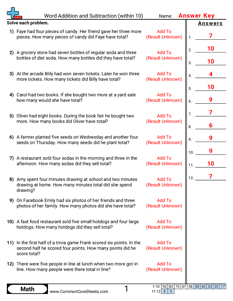 Addition Worksheets - word-addition-within-10 worksheet