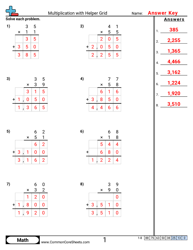 Multiplication Worksheets - Multiplication with Helper Grid worksheet