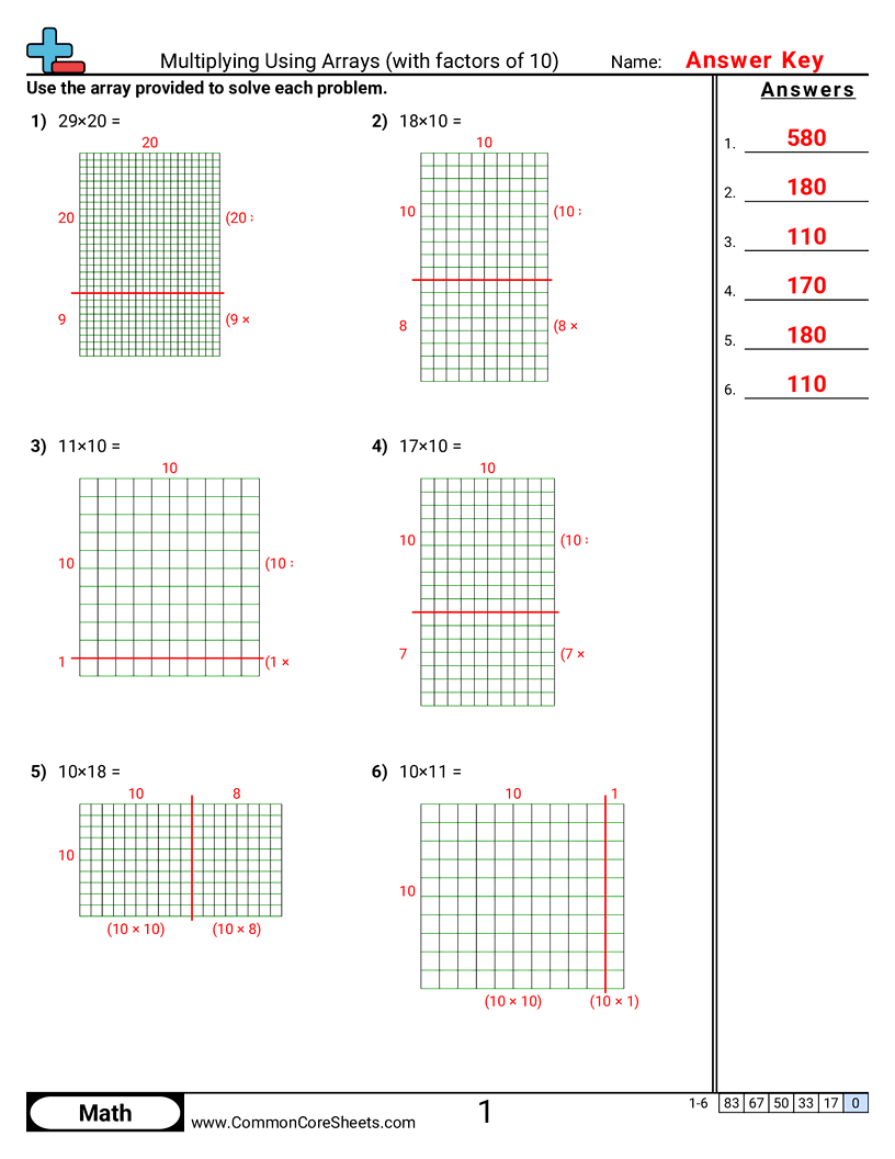 Multiplication Worksheets - Multiplying using Arrays (with factors of 10) worksheet