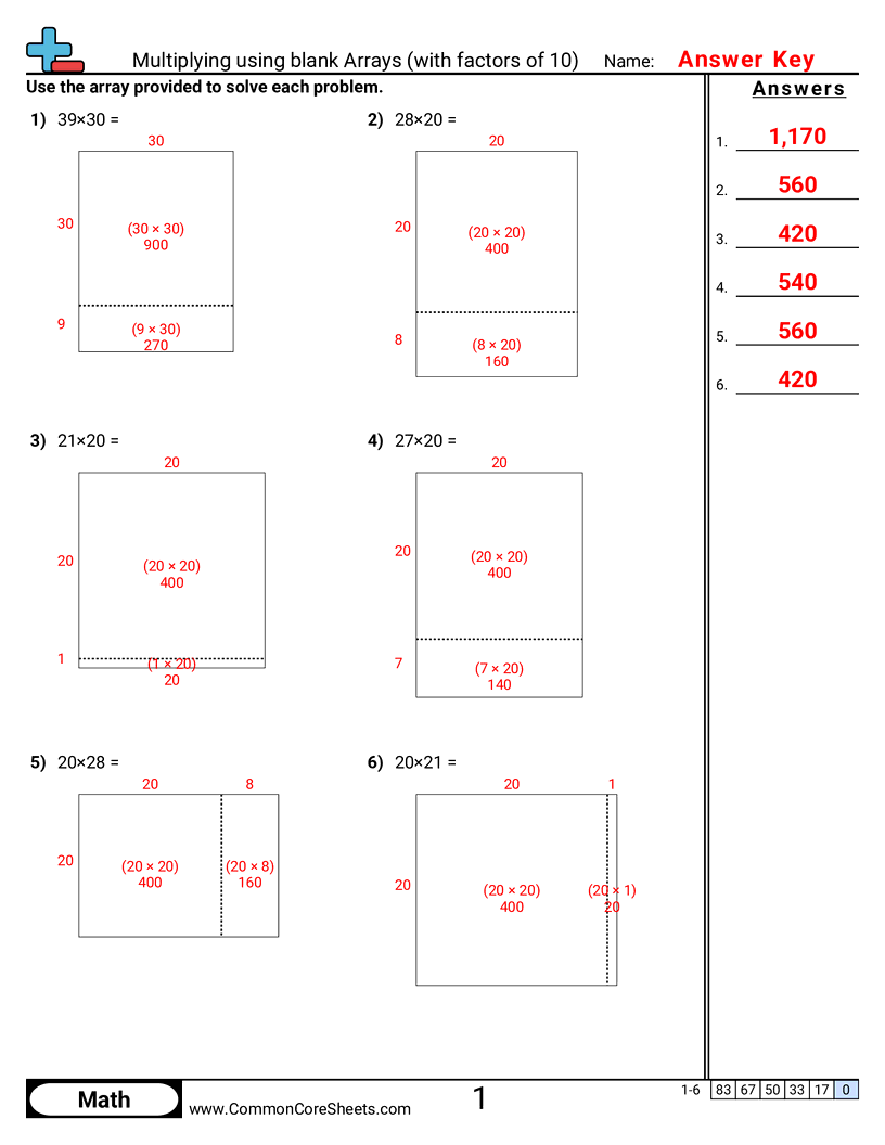 Multiplication Worksheets - Multiplying using Arrays (with factors of 10) worksheet