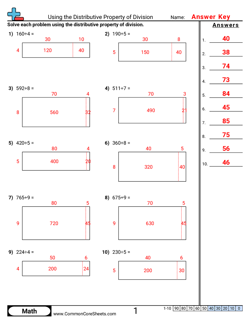 Properties Worksheets - using-the-distributive-property-of-division-with-array worksheet