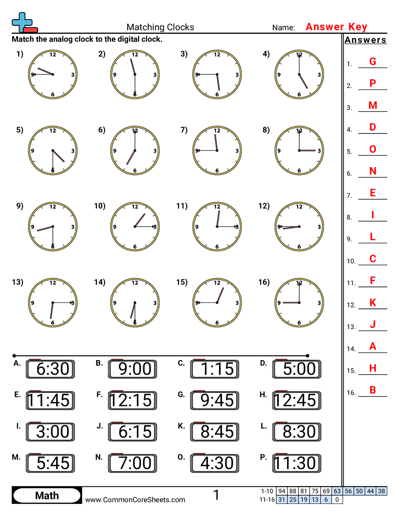 2md7 Worksheets - matching-clocks-15-minute-increments worksheet