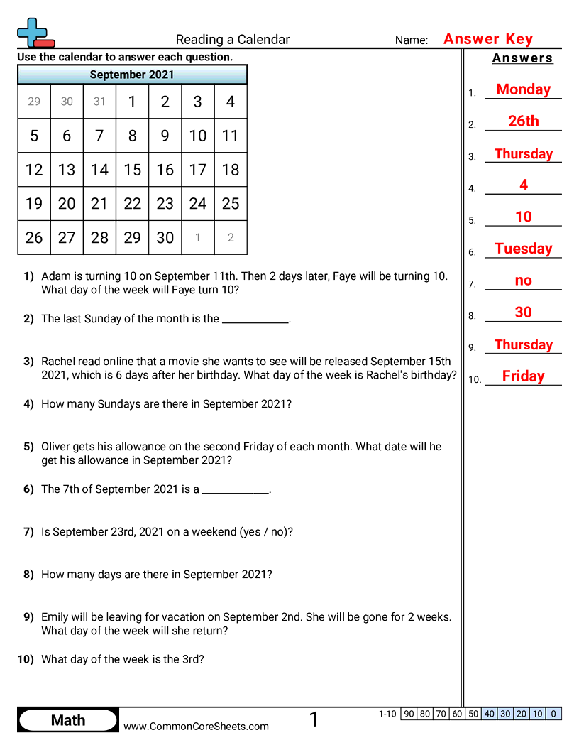 Time Worksheets - Reading a Calender worksheet