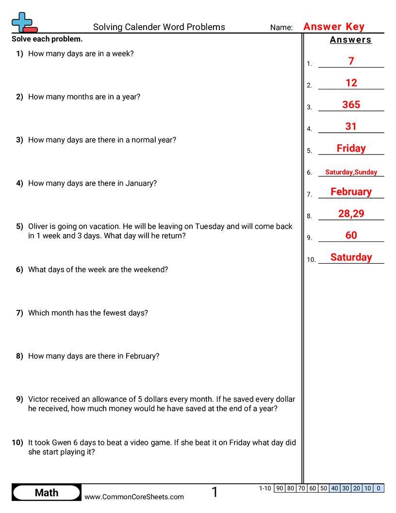 Time Worksheets - Solving Calender Word Problems worksheet